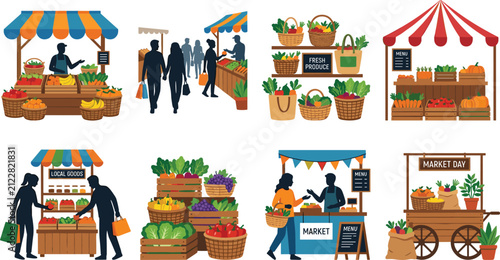 Farmers’ Market Illustration Set Featuring Fresh Produce, Local Goods, and Community Shopping