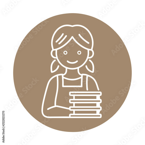 Round Librarian Character With Books Simple Contour Illustration