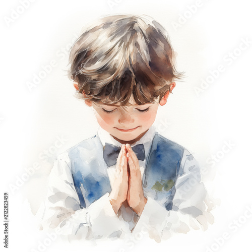 Cute Boy Praying Portrait Illustration Isolated on White Background