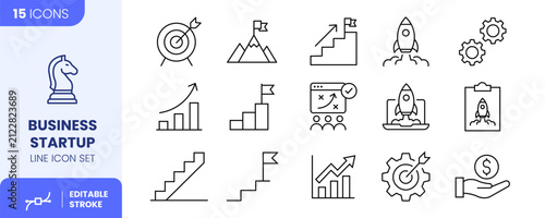 Business Startup Line Icon Set, 15 Editable Stroke Entrepreneurship and Growth Symbols Vector Illustration