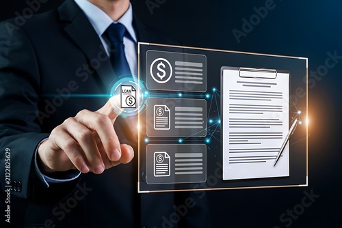 Businessman touching virtual screen displaying online billing invoice and document management system