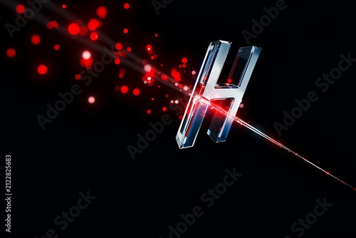 Glass 3D letter H sliced by red glowing laser beam with lens flare