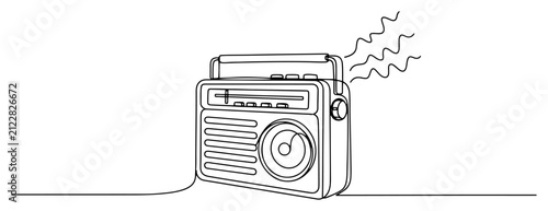 Foto Portable radio receiver with antenna and signal waves in simple continuous line