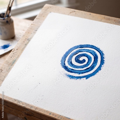 Blue spiral painted on white watercolor paper, placed on a wooden drawing board in soft daylight. Minimal abstract artwork with clean copyspace for design, posters, branding, education.