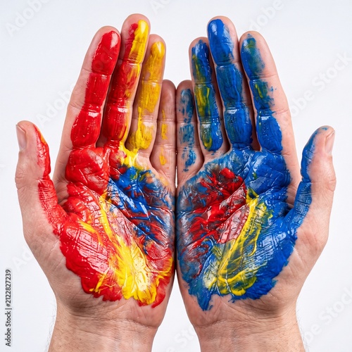 Close-up of two cupped adult hands coated with red, yellow, and blue paint, creating a vibrant primary color mix on a clean white background. Creative, messy art concept for education, craft, design.