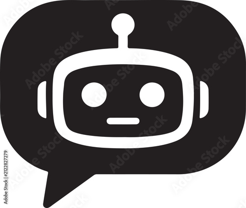 Speech bubble with robot face solid black glyph icon for AI chatbot, virtual assistant and messaging.