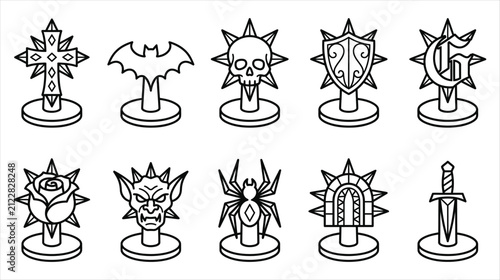Set of 10 fantasy magic stand pedestal icons collection on a white background