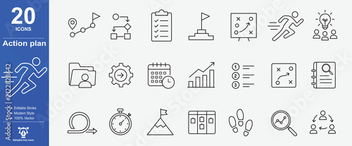 Line icon set for corporate strategy and action plan. Includes symbols for Workflow, Milestone, Execution, and Delegate. line vector icons