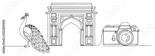 Photography Peacock and Gateway of India monument with professional photo camera in single l