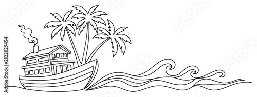 Obraz na płótnie Houseboat with palm trees and ocean waves in single line drawing style