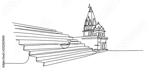 Foto Hindu temple with stairs and diya lamp in continuous line art style