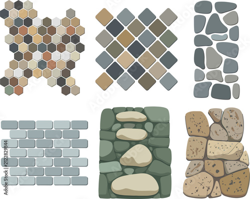 Garden paving stone patio patterns constructor vector icon set, landscaping pathway textures flat design illustration