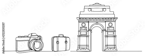 India Gate monument with professional camera and travel luggage in continuous line art style