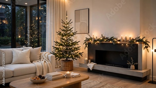 Cozy modern living room interior decorated for christmas with a glowing tree and a warm fireplace