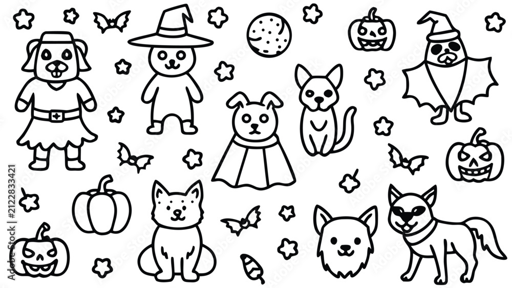 Obraz premium Adorable Canine Characters Celebrating Halloween in Playful Costumes, a Fun Collection of Spooky and Cute Doodle Illustrations Perfect for Festive Designs