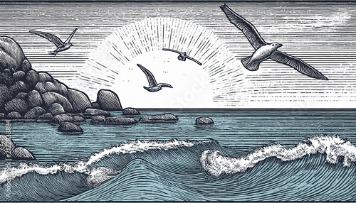 coastal rocky shore with waves and seabirds flying over ocean engraving