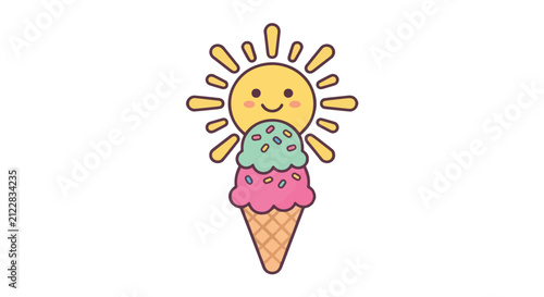 Cute summer icon vector featuring a smiling sun and colorful ice cream cone for design