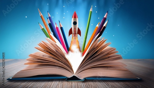 open book with colored pencils coming out rocket taking off