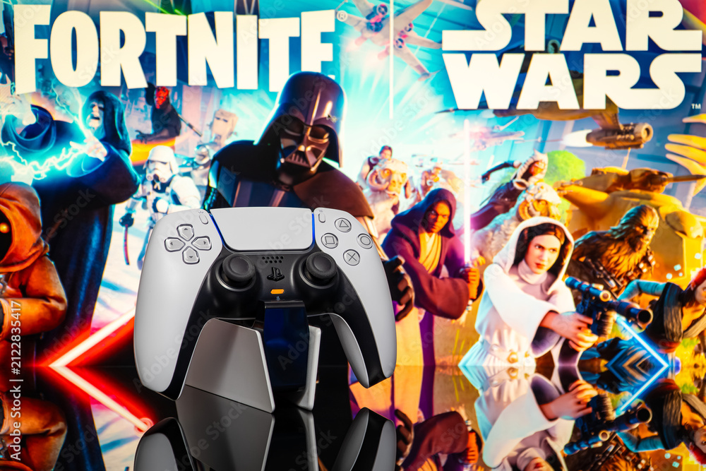 Fototapeta premium August 2, 2026, Odessa, Ukraine. Sony PS5 controller with Fortnite x Star Wars artwork back
