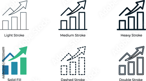 Business Growth and Financial Analytics Bar Chart Icon Set with Different Stroke Widths Solid Fill Dashed and Line Style Vector Graphics