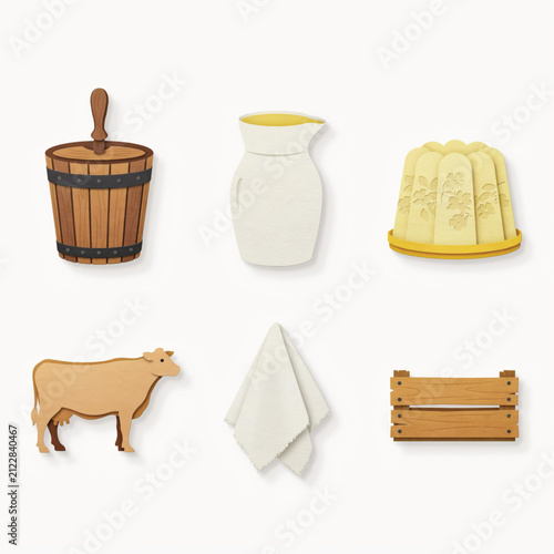 Set of dairy farming and milk production icons featuring a wooden bucket, jug, butter, cow, cloth, and crate