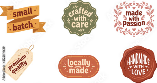 premium artisan branding badge collection featuring six unique handmade product label designs isolated on white background