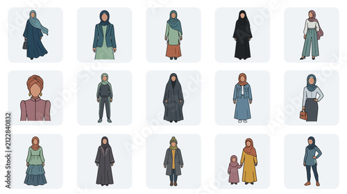 Quadro su tela Clean Illustrated Collection of 15 Diverse Modest Women s Outfits with Headscarv