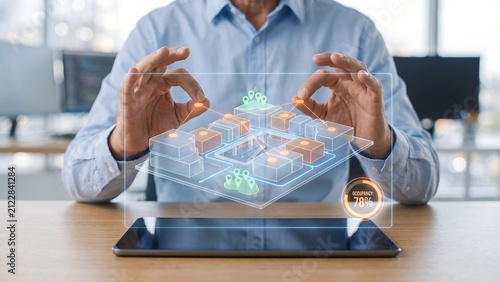 Businessman manipulating a holographic 3D building map with location pins and occupancy data above a tablet, representing smart real estate, urban planning, and property management technology