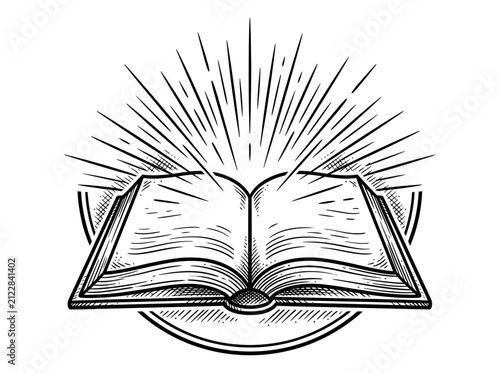 Open Book with Radiant Light Rays, Vintage Style