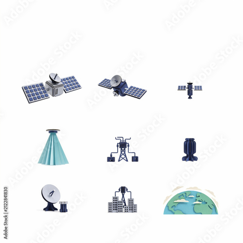 3D render of a telecommunication satellite icon set with space technology and global network elements