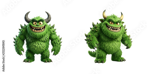 Set of two green furry monsters with horns isolated on transparent background