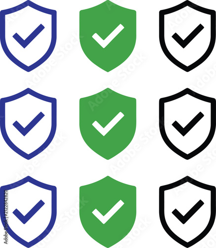 Collection of shield icons with checkmarks in various colors isolated on transparent background