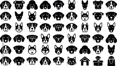 Collection of dog head silhouettes with a cat and dog house isolated on transparent background