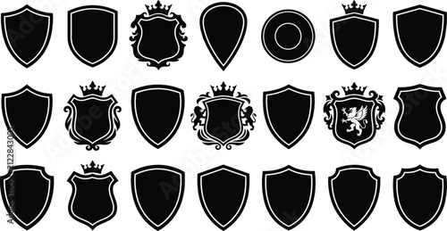 Collection of heraldic shields and crests in black silhouette isolated on transparent background