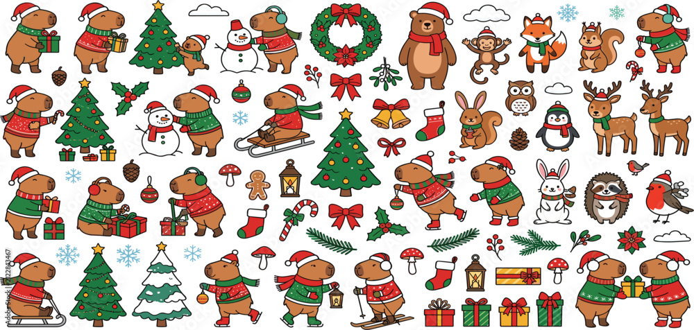 Fototapeta premium Cute Christmas capybara doodle vector set with festive animals santa hats winter sledding holiday elements