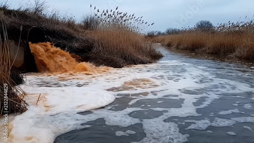 Industrial pipe discharging wastewater into a river.