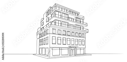 Foto Modern multi story building with terraced balconies and shop facade in minimalis