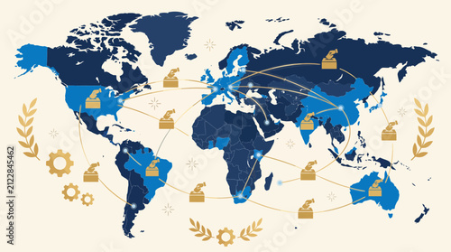 Global Election Vector Illustration of World Map with Ballot Box Icons and Interconnected Voting Networks Representing International Democracy and Geopolitical Events