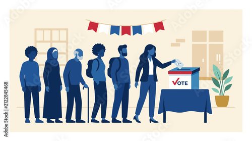 Diverse group of citizens waiting in line to cast their ballots at a polling station, flat vector illustration representing democracy, voting rights, and civic engagement during an election.