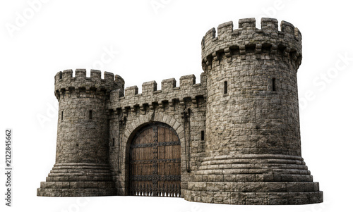 Stone castle gatehouse with wooden gate and two round towers isolated on transparent background