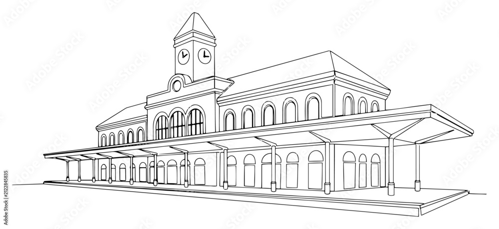 Fototapeta premium Classic railway station building with clock tower and platform roof in continuous line drawing style