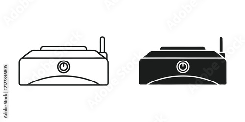 Wireless router with antenna in clean line art and solid silhouette on white background