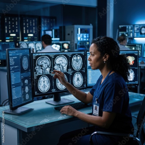 Medical Professionals Analyzing Brain Scans On Multiple Computer Monitors In A Modern Radiology Lab