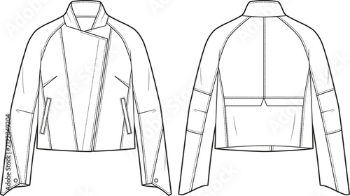Fotografie Women asymmetry zip biker jacket technical fashion flat sketch front back view v