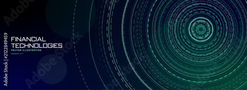 Abstract digital background featuring glowing circular data patterns and financial technology text elements perfect for modern business presentations or corporate technology themed graphic design