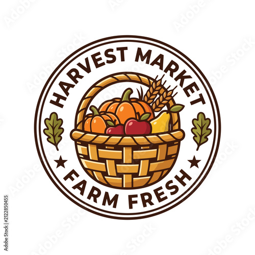 Harvest market logo with fruit basket. Farm fresh emblem for autumn seasonal produce.