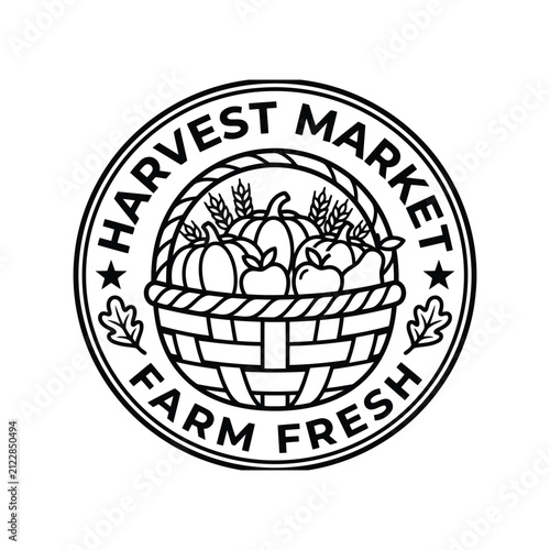 Harvest market logo design. Farm fresh produce basket icon with autumn vegetables.