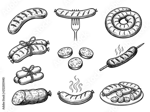 Set of hand drawn grilled sausage outline doodle icons, meat sketch for bbq menu, isolated on white background
