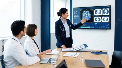 Medical Professionals Collaborate Analyzing Brain Scans During A Critical Meeting