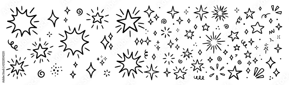 Obraz premium Hand drawn doodle vector mega pack of sparkles featuring sparkle stars, shiny twinkles, glimmer symbols, magical sparkle doodles and decorative accents isolated on white background